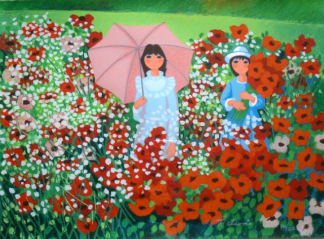 Trinidad Osorio "Ninas con sombrilla y flores"